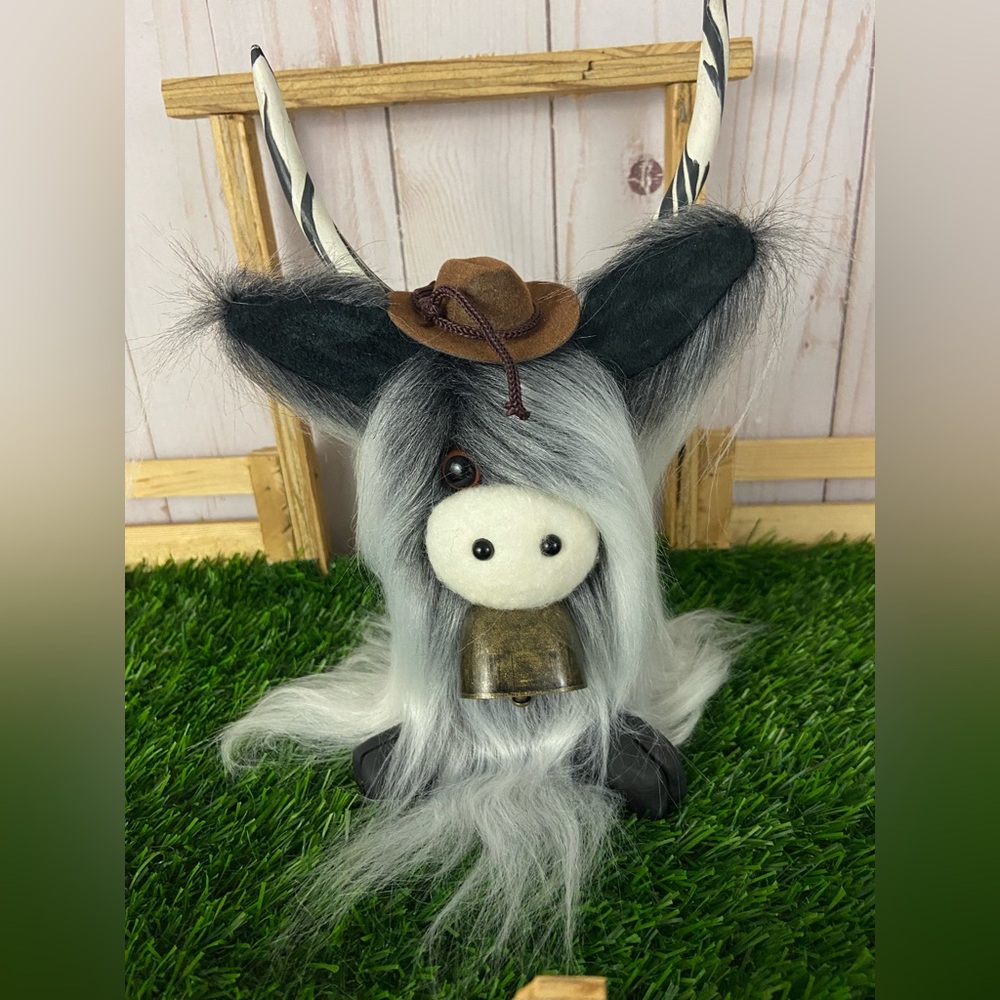 Highland Cow Gnome Gray White Cowboy Hat Cow Bell Handmade Farmhouse Home Decor